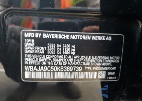 2019 BMW 530E z USA, uszkodzony, nr VIN WBAJA9C50KB389739